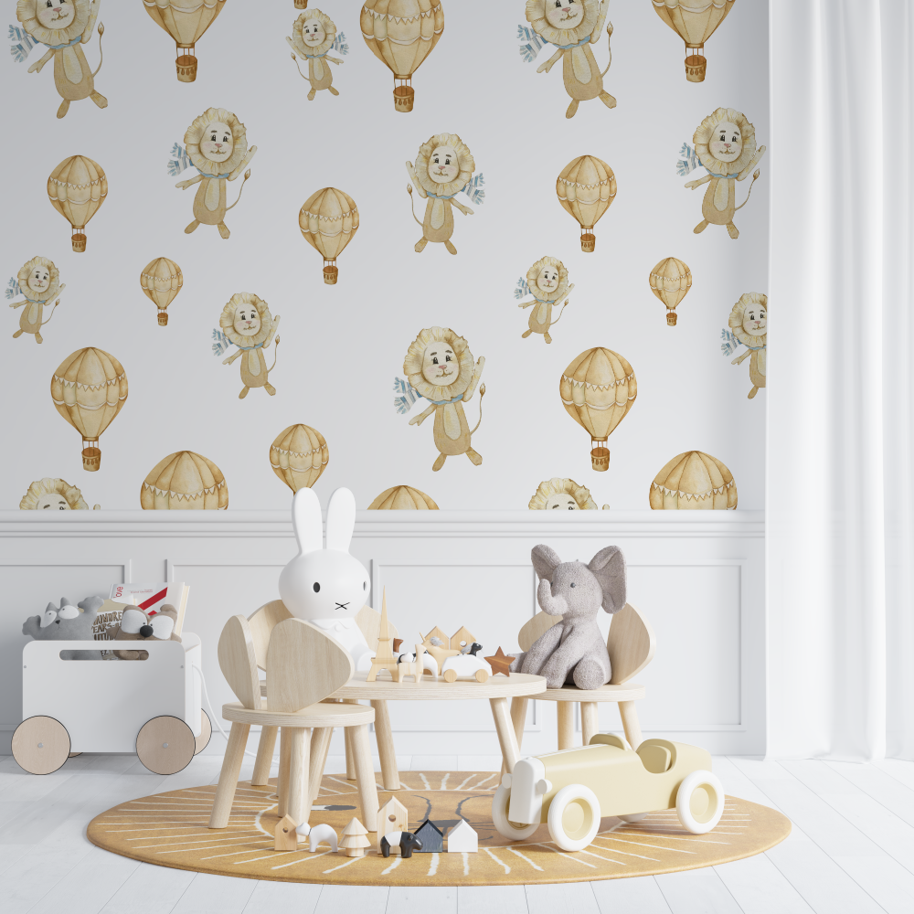 Papier peint lion et montgolfiere chambre de bebe