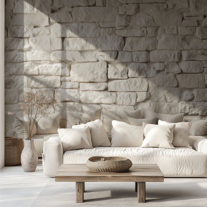 Papier peint trompe loeil brique blanche canape tendance