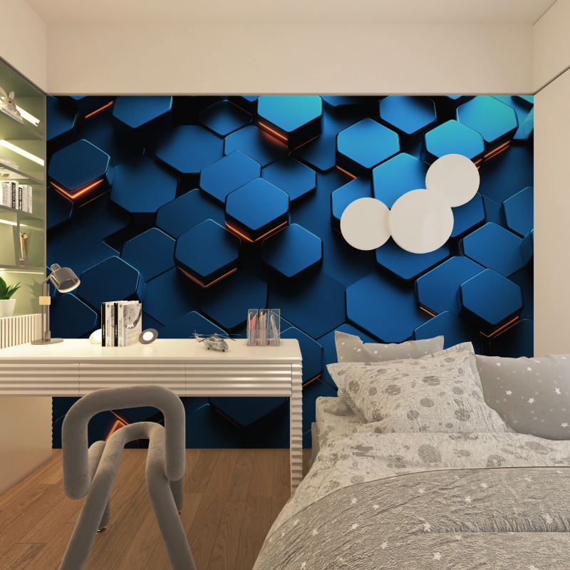 Papier peint gamer hexagones bleu fonce chambre adolescents