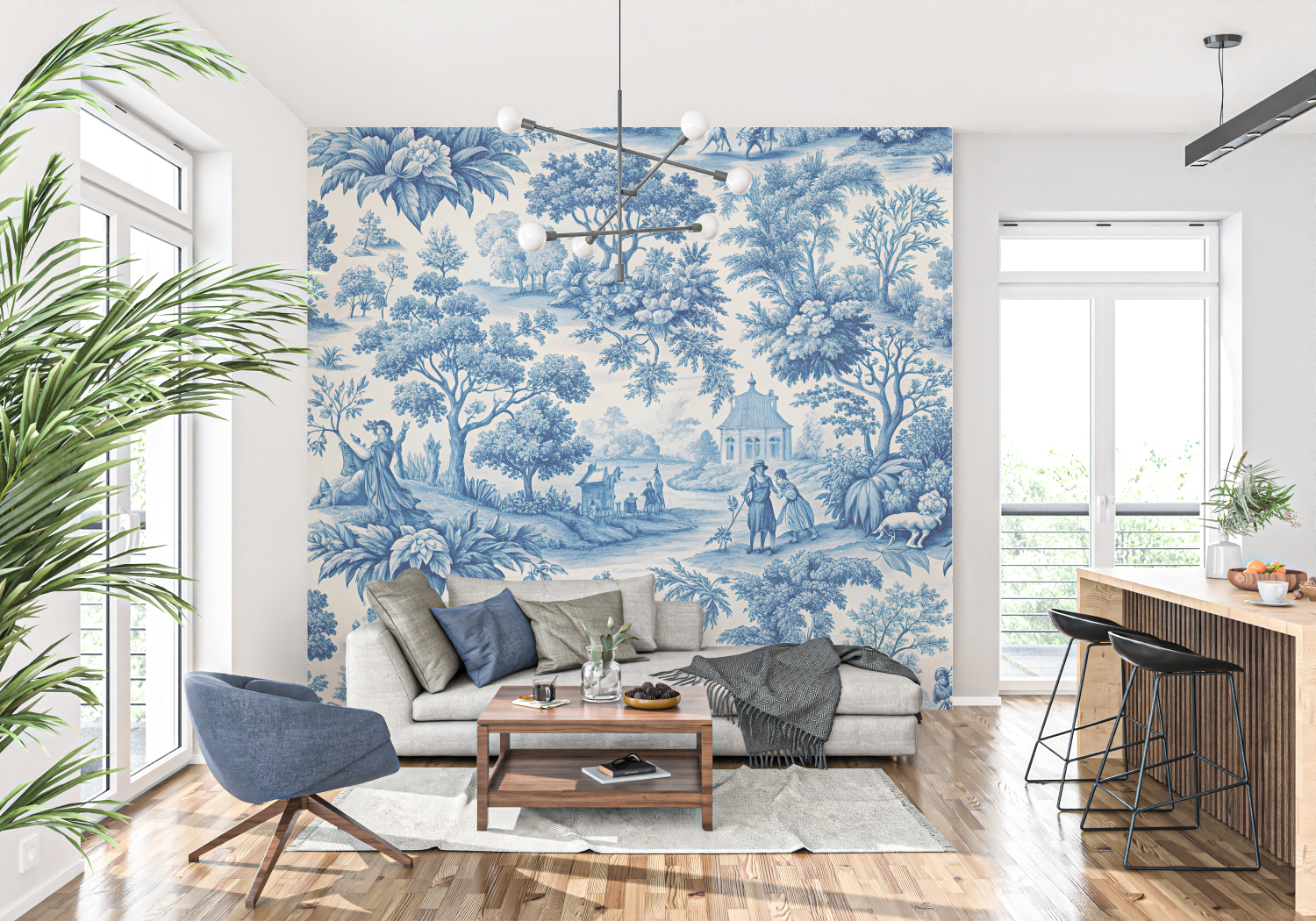 Papier Peint Toile De Jouy Paysage Bleu - panoramique tendance