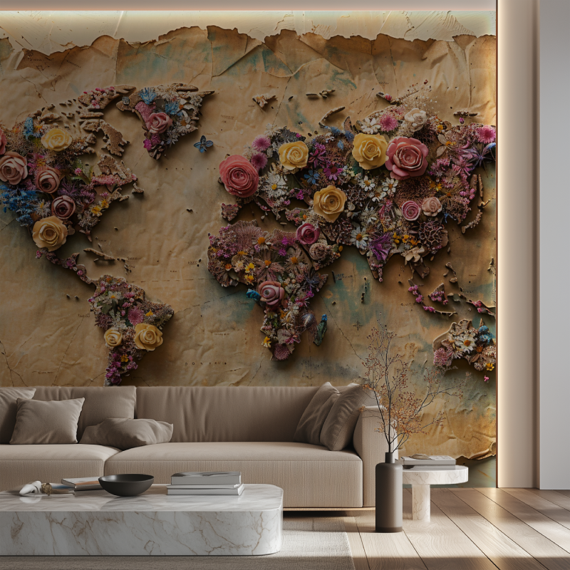 Papier peint trompe loeil carte du monde canape neon