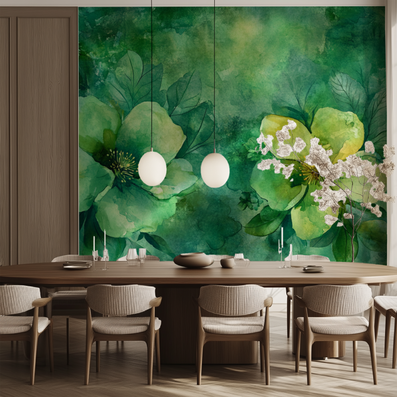 Papier peint fleur vert salle manger tendance