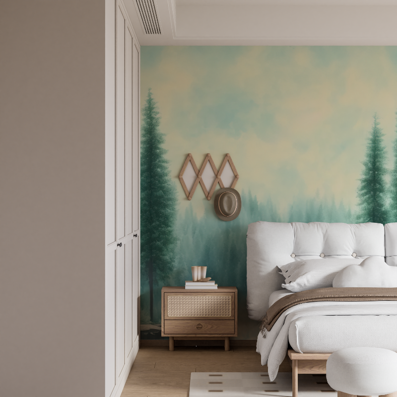 Papier peint aquarelle foret sapins mural