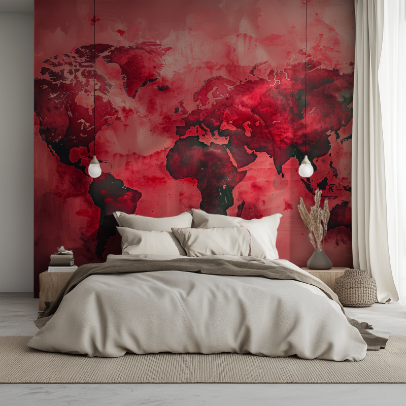 Papier peint carte du monde rouge lit 1234