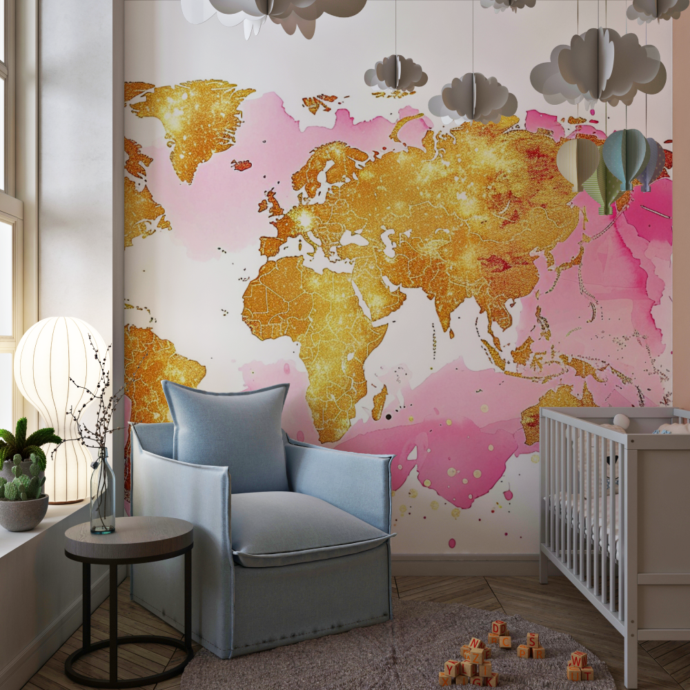 Papier peint carte du monde rose gold chambre de fille