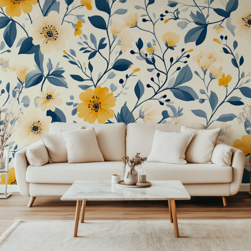 Papier peint scandinave vintage fleurs canape simple