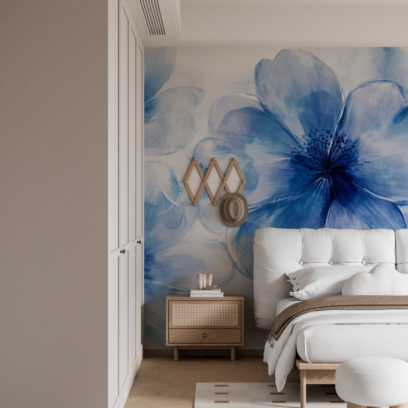 Papier peint grosses fleurs bleu mural