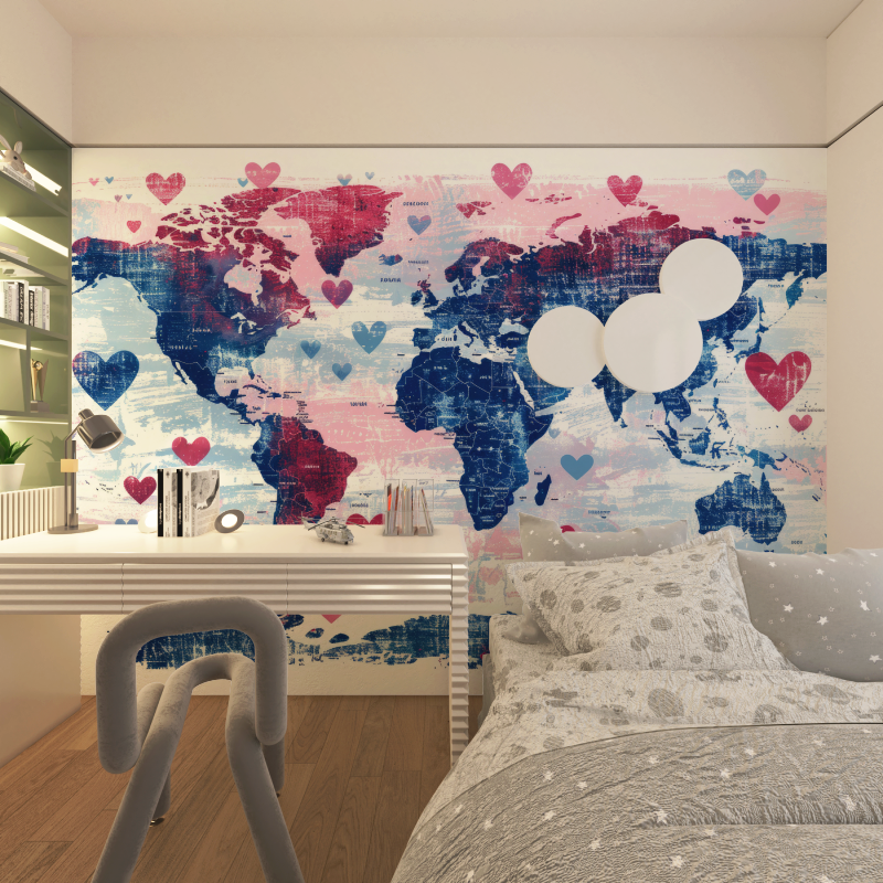 Papier peint carte du monde coeurs chambre adolescents