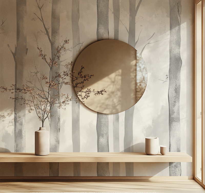 Papier peint arbre gris argente miroir