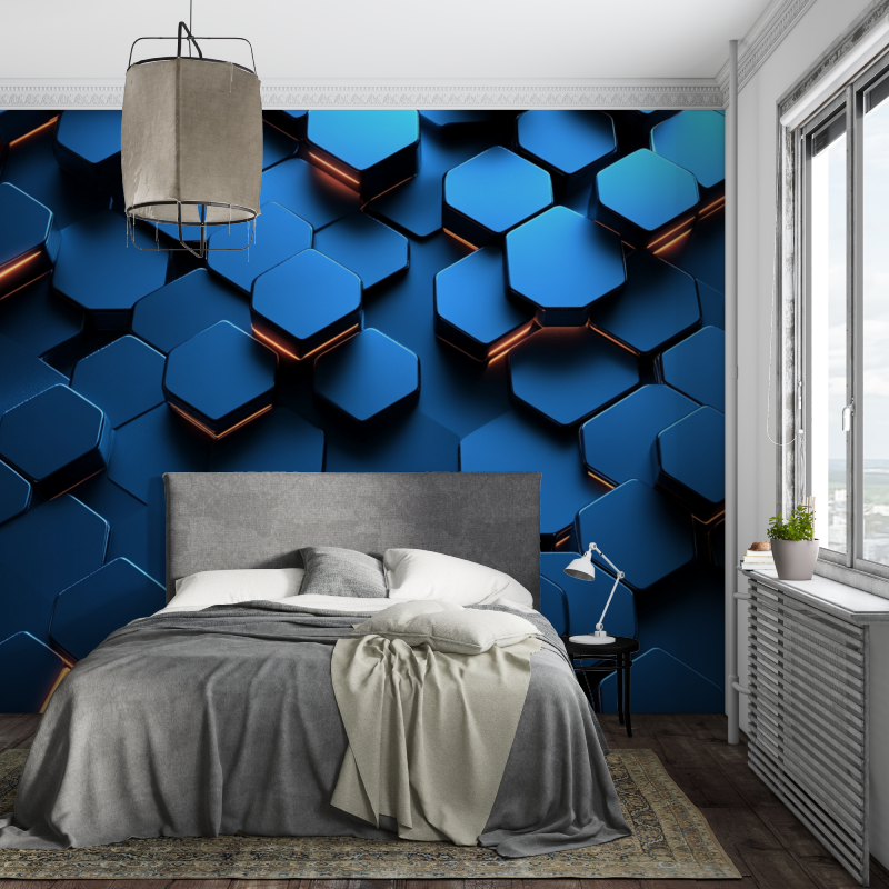Papier peint gamer hexagones bleu fonce piece ados