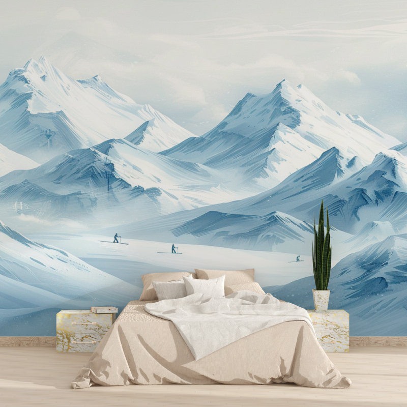 Papier peint montagne skieurs bleu tapisserie 2025