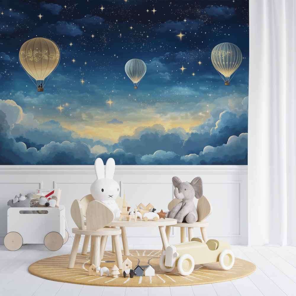 Papier peint montgolfiere et ci...uit etoile chambre de bebe