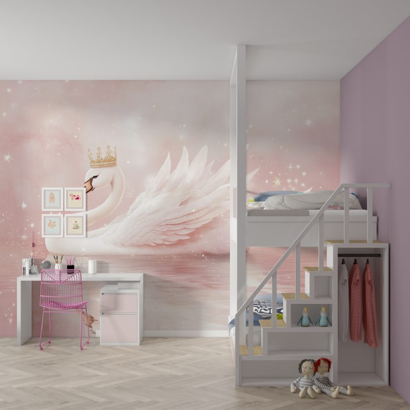 Papier peint princesse cygne rose mur chambre fille