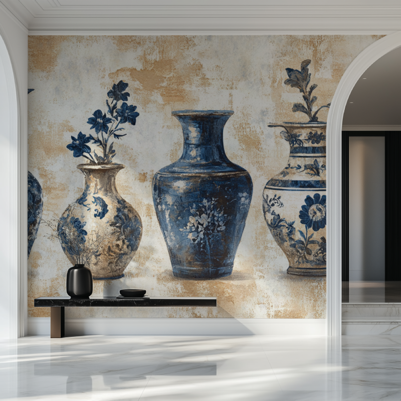 Papier peint vintage vase bleu chaise verte salon beau