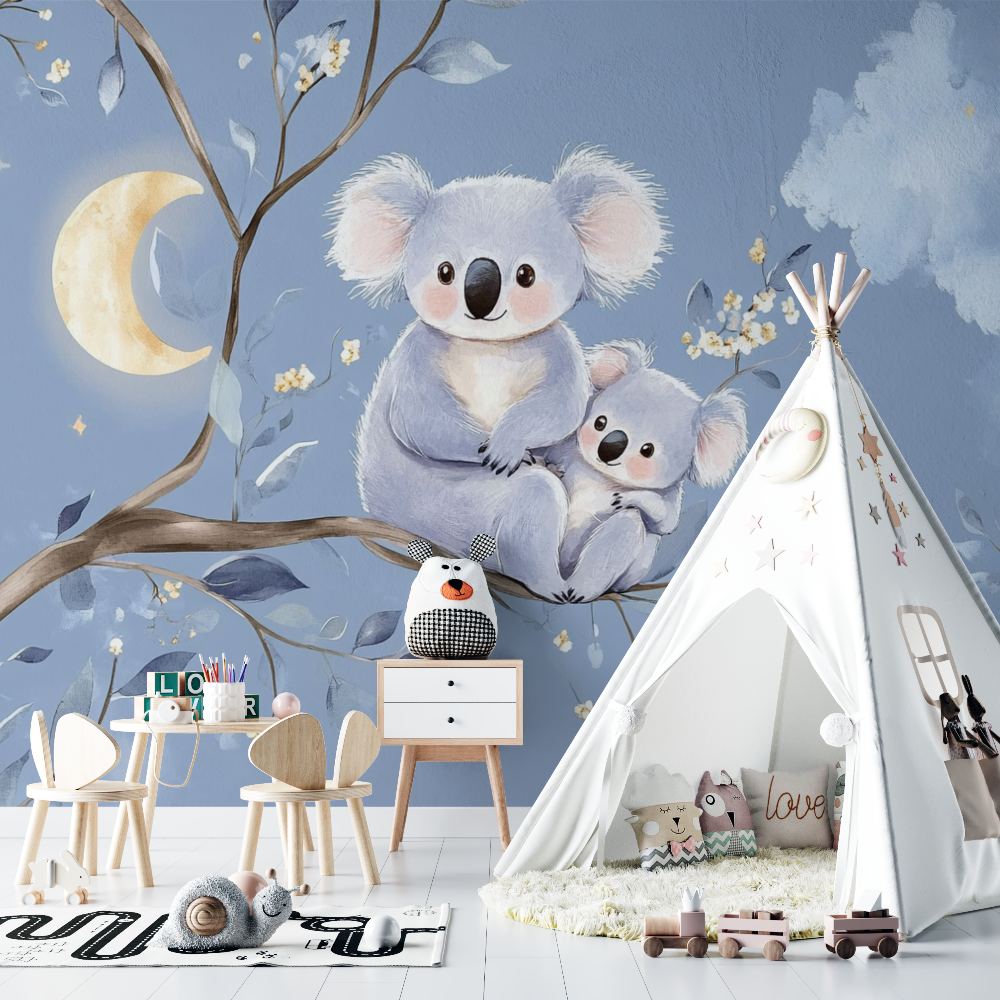 Papier peint koala pastel et lune doree chambre bebe