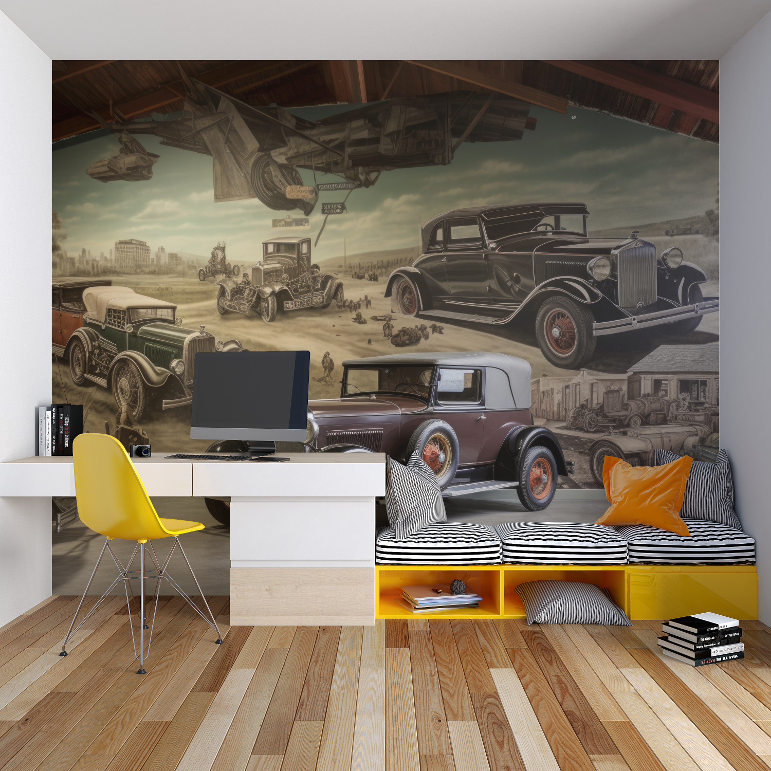 Papier peint voiture ancienne chambre garcon lit