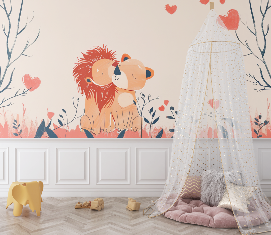 Papier peint lion couple mignon bebe
