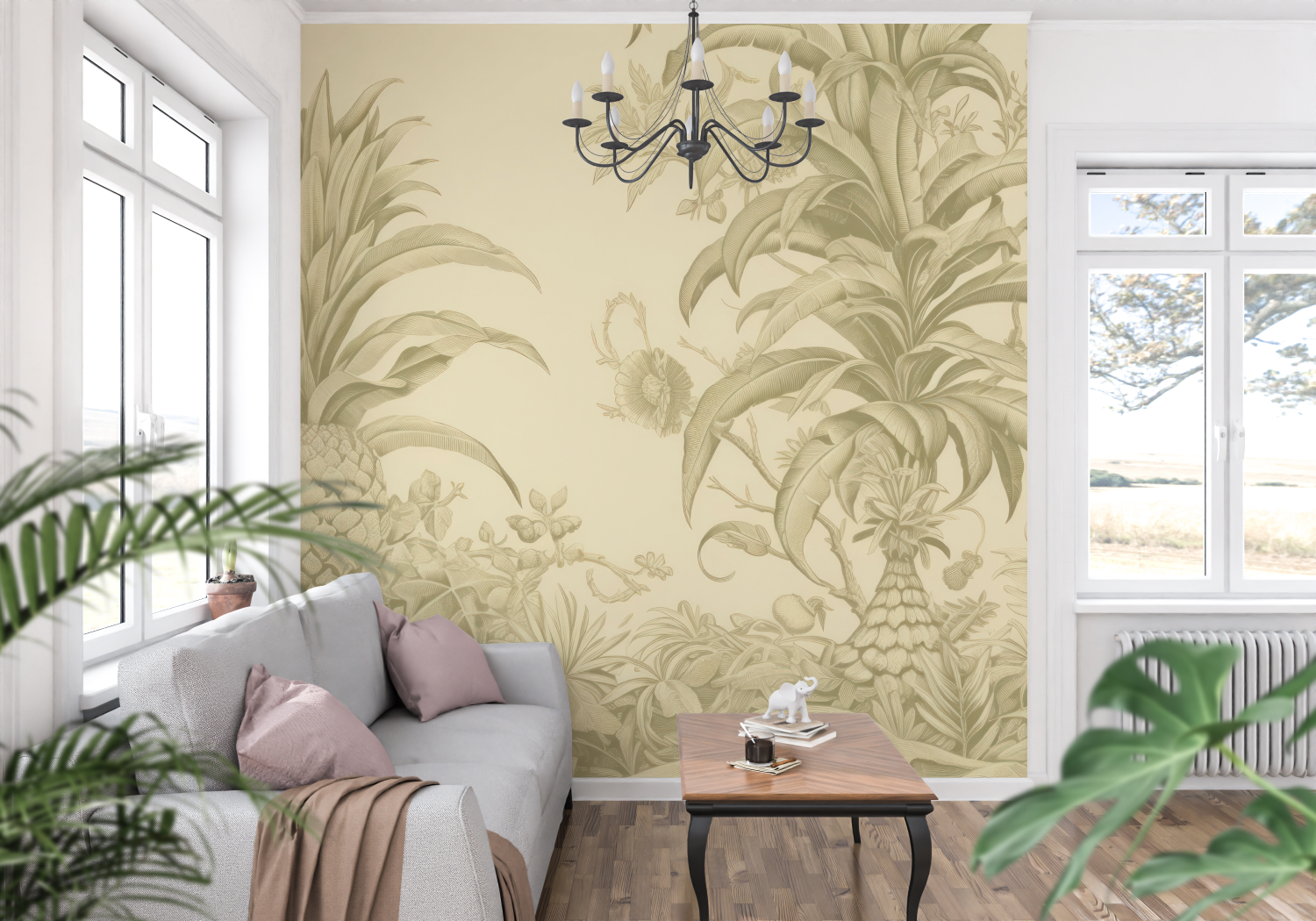 Papier Peint Toile De Jouy Ananas Jaune - trompe l'oeil