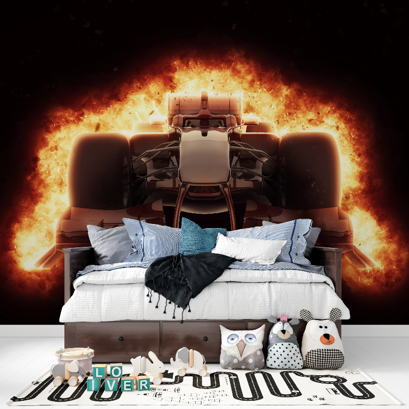 Papier peint formule 1 en feu panoramique garcon