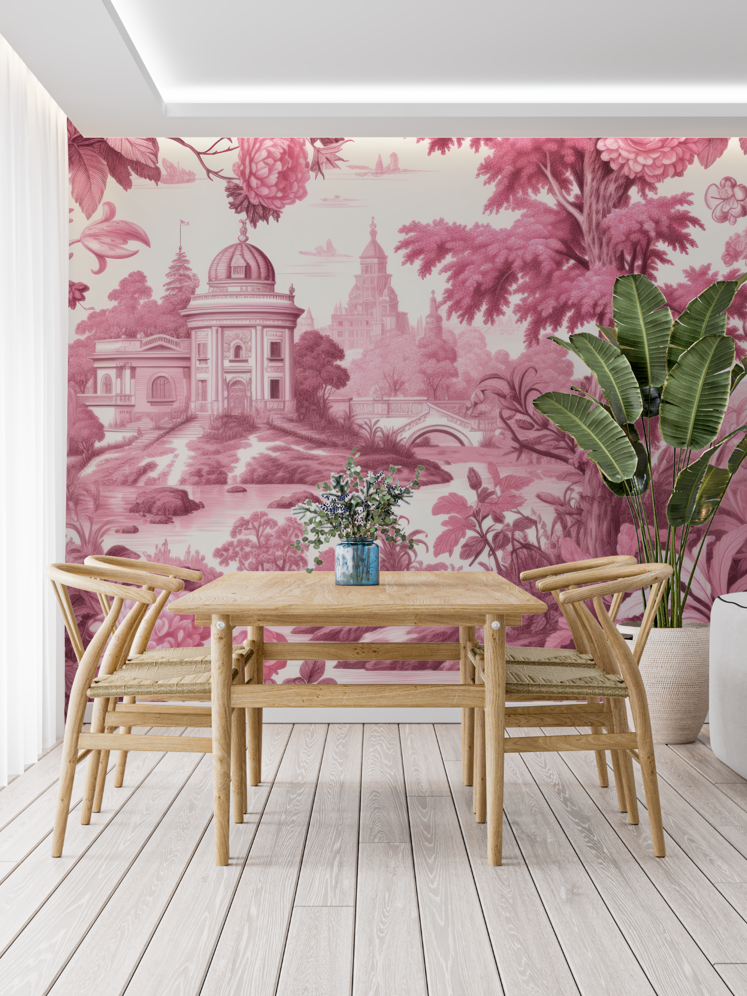 Papier Peint Toile De Jouy Rose Vif - trompe l'oeil
