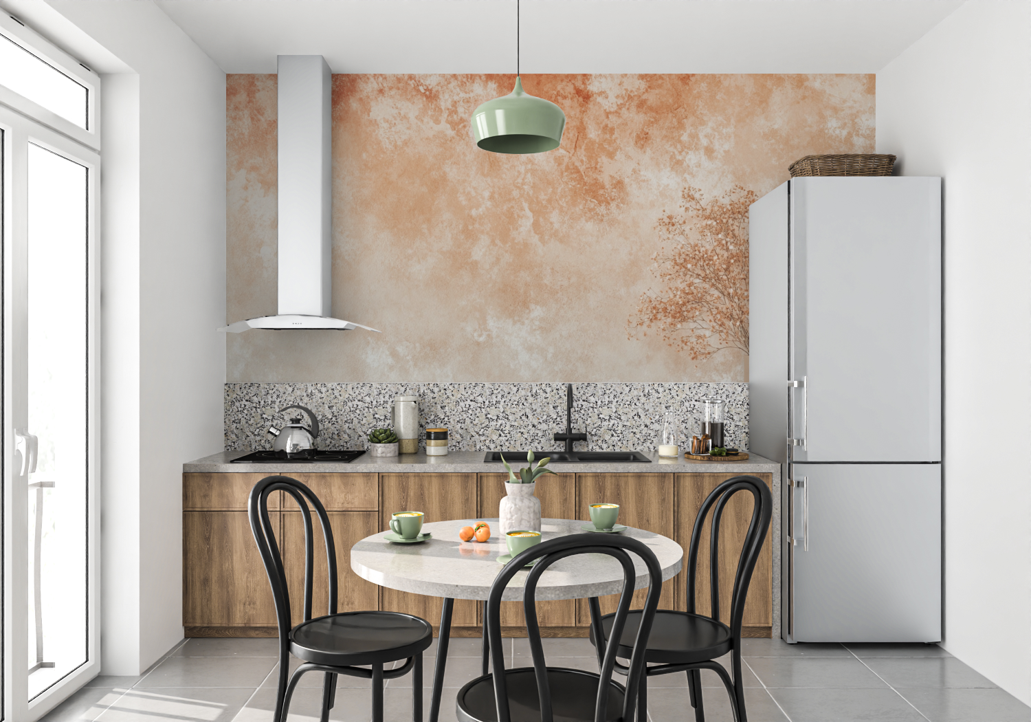 Papier peint terracotta effet tie and dye mur cuisine