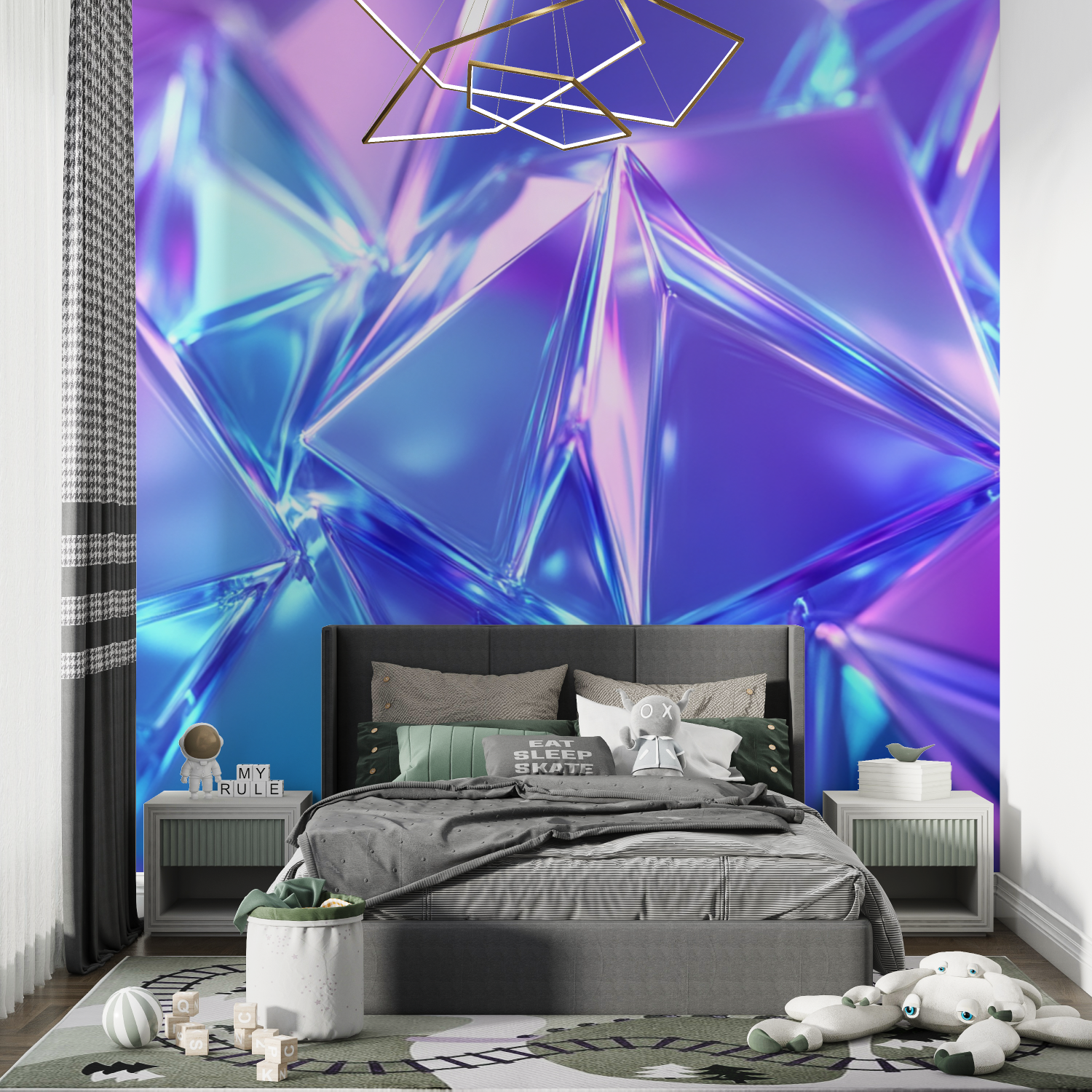 Papier peint cristaux neon bleu chambre de garcon