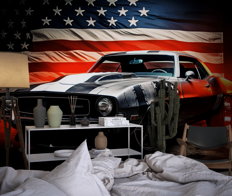 Papier peint voiture americaine avec drapeau chambre dado1