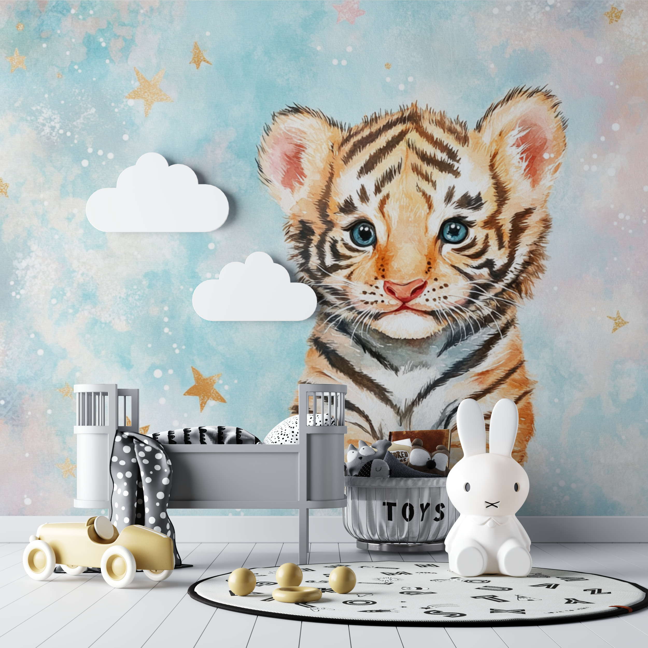 Papier peint tigre et etoiles bebe tipi