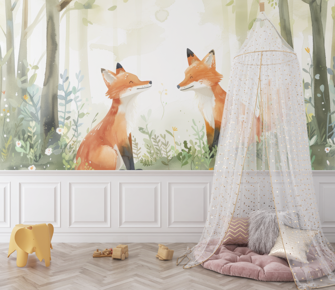 Papier peint renard foret vert bebe