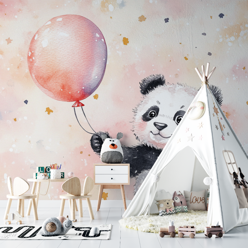 Papier peint panda avec ballon chambre bebe