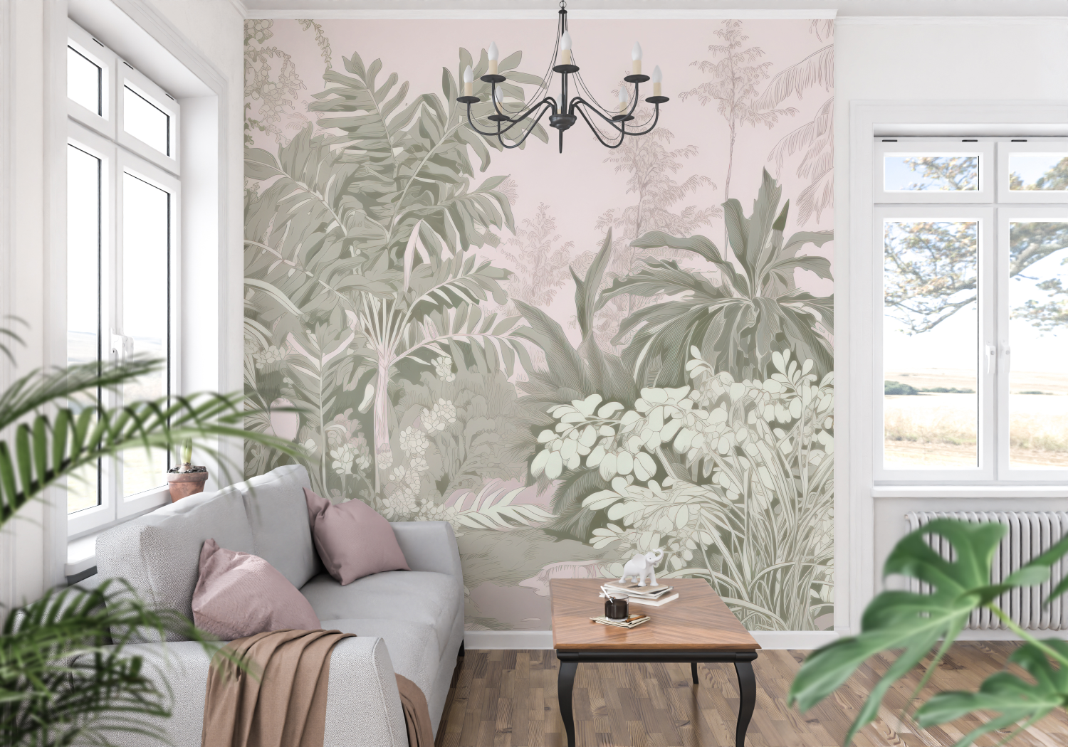 Papier Peint Toile De Jouy Jungle Rose - trompe l'oeil