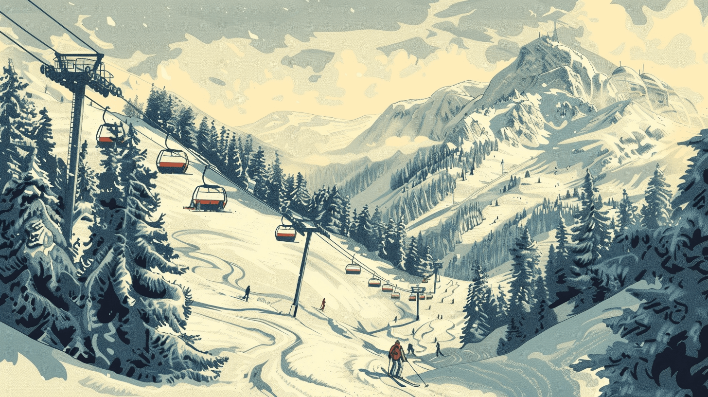 Papier Peint Télécabine Skieurs Colorés