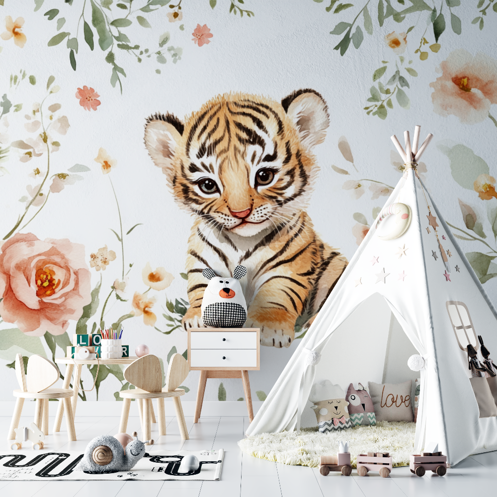 Papier peint tigre et fleurs sauvages chambre bebe