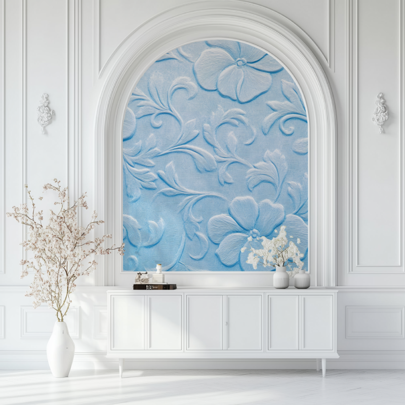 Papier peint vintage fleur bleu salon blanc