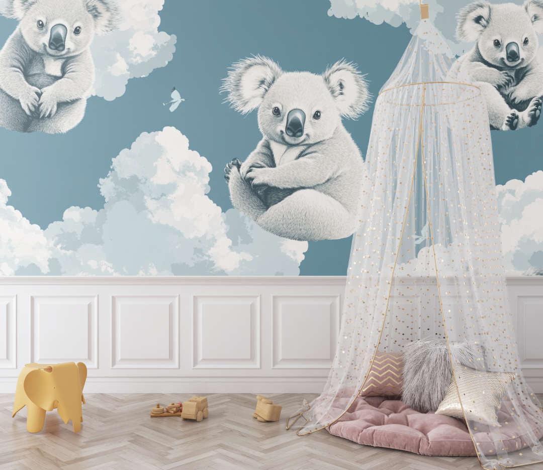 Papier peint koala cache dans un nuage bebe