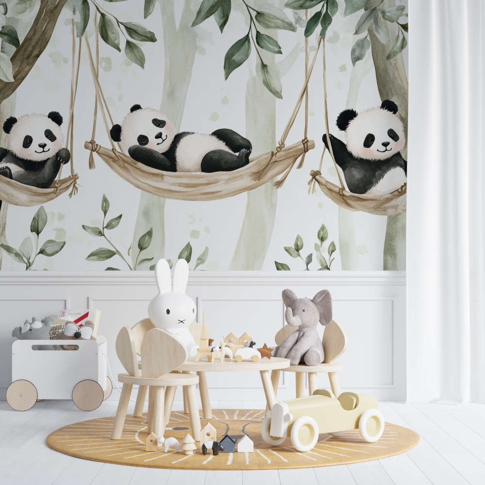 Papier peint bebe panda et hamac chambre de bebe