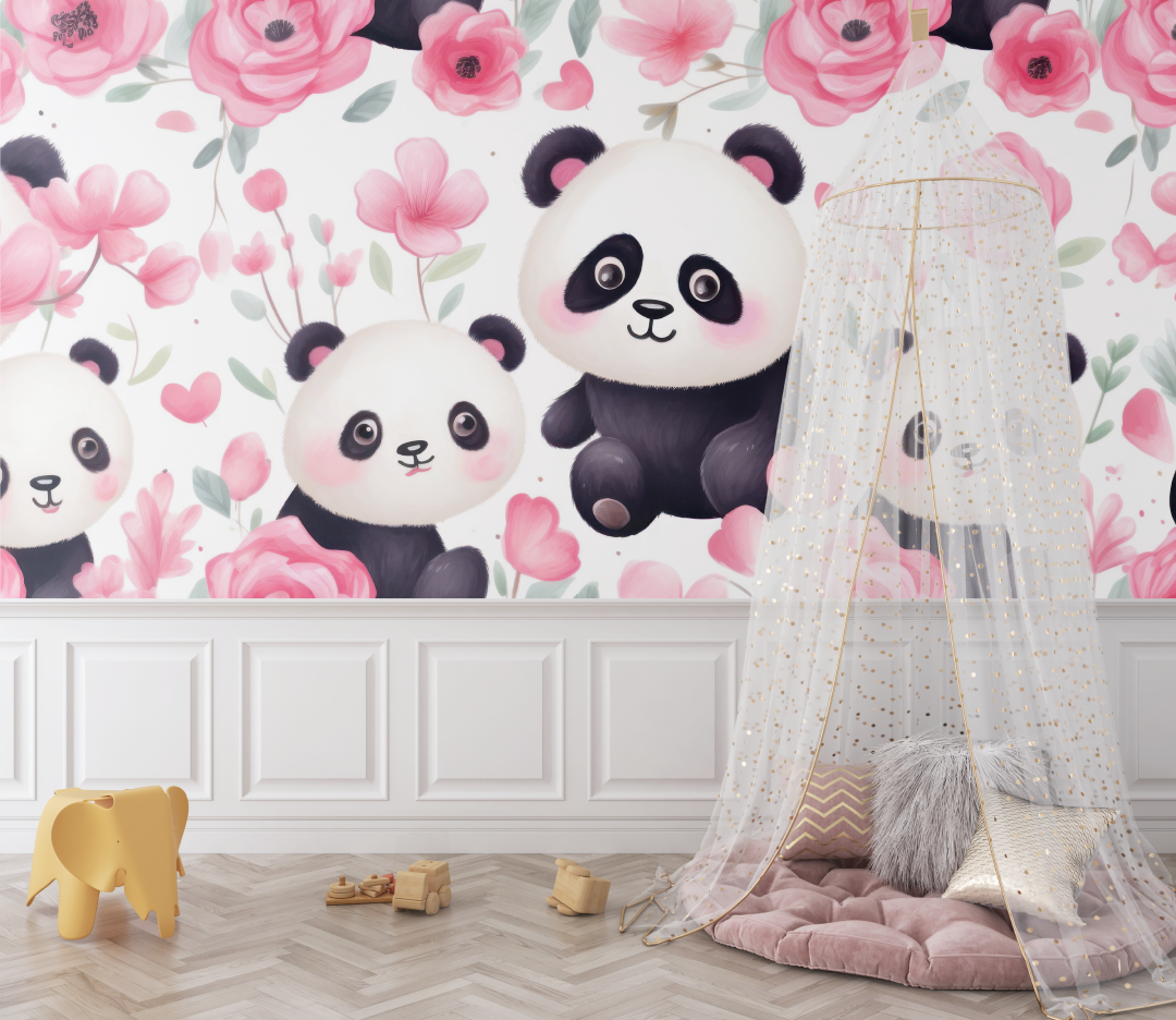Papier peint bebe panda rose bebe