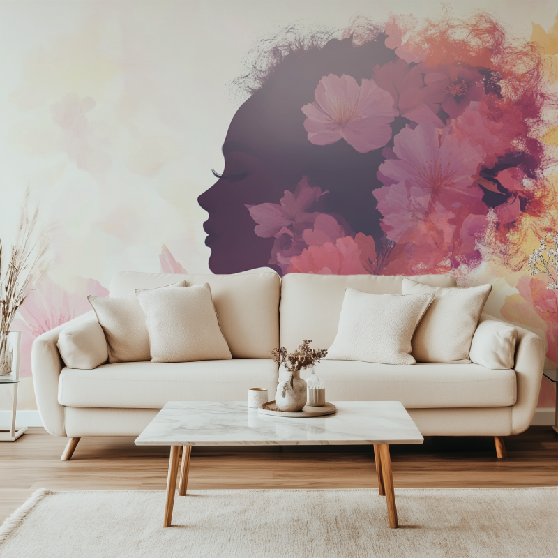 Papier peint fleur fille canape simple