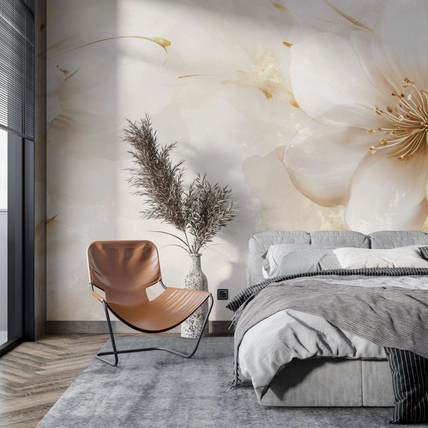 Papier peint fleurs transparenc...ge et dore tapisserie pano