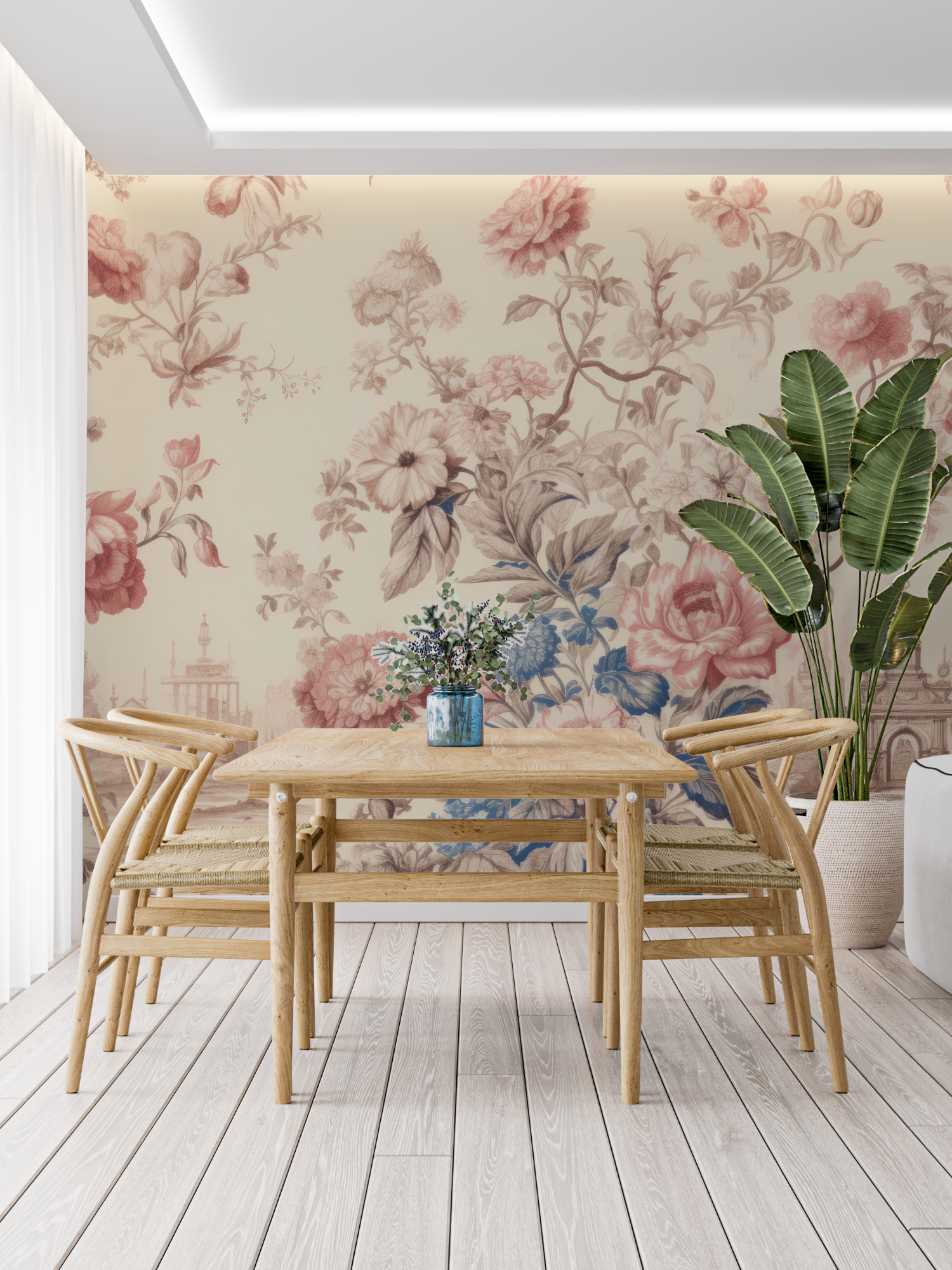 Papier Peint Toile De Jouy Bleu Rose - panoramique tendance