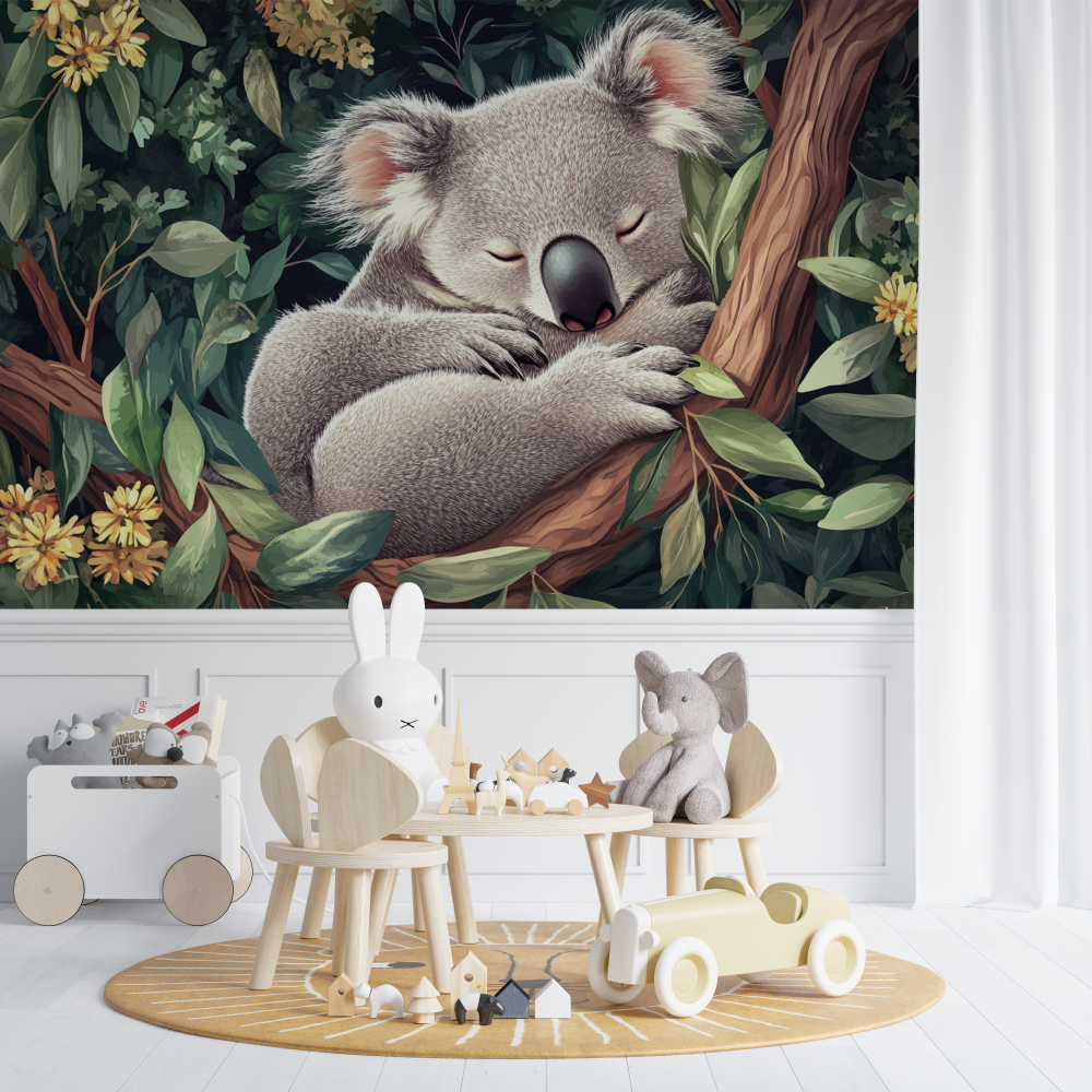 Papier peint koala dans un cocon de feuilles chambre de bebe