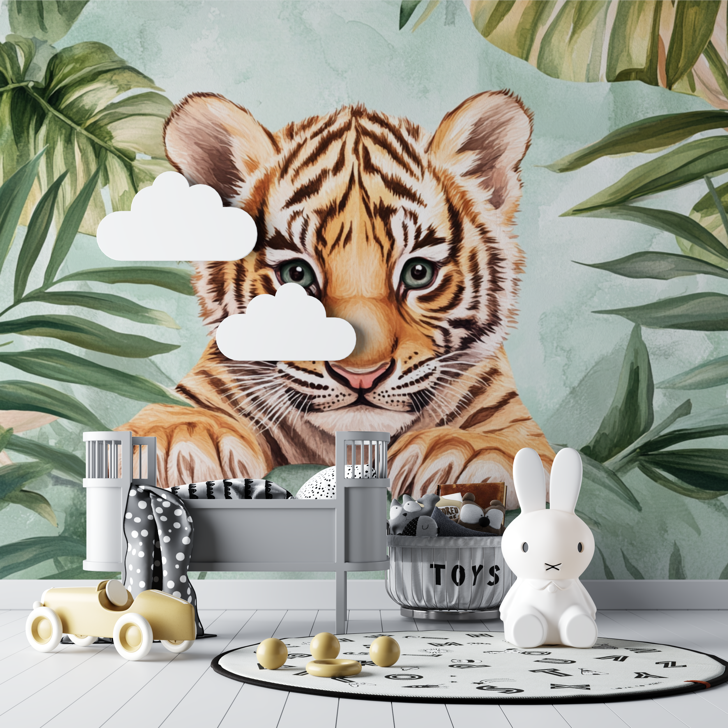 Papier peint tigre et feuillage tropical bebe tipi