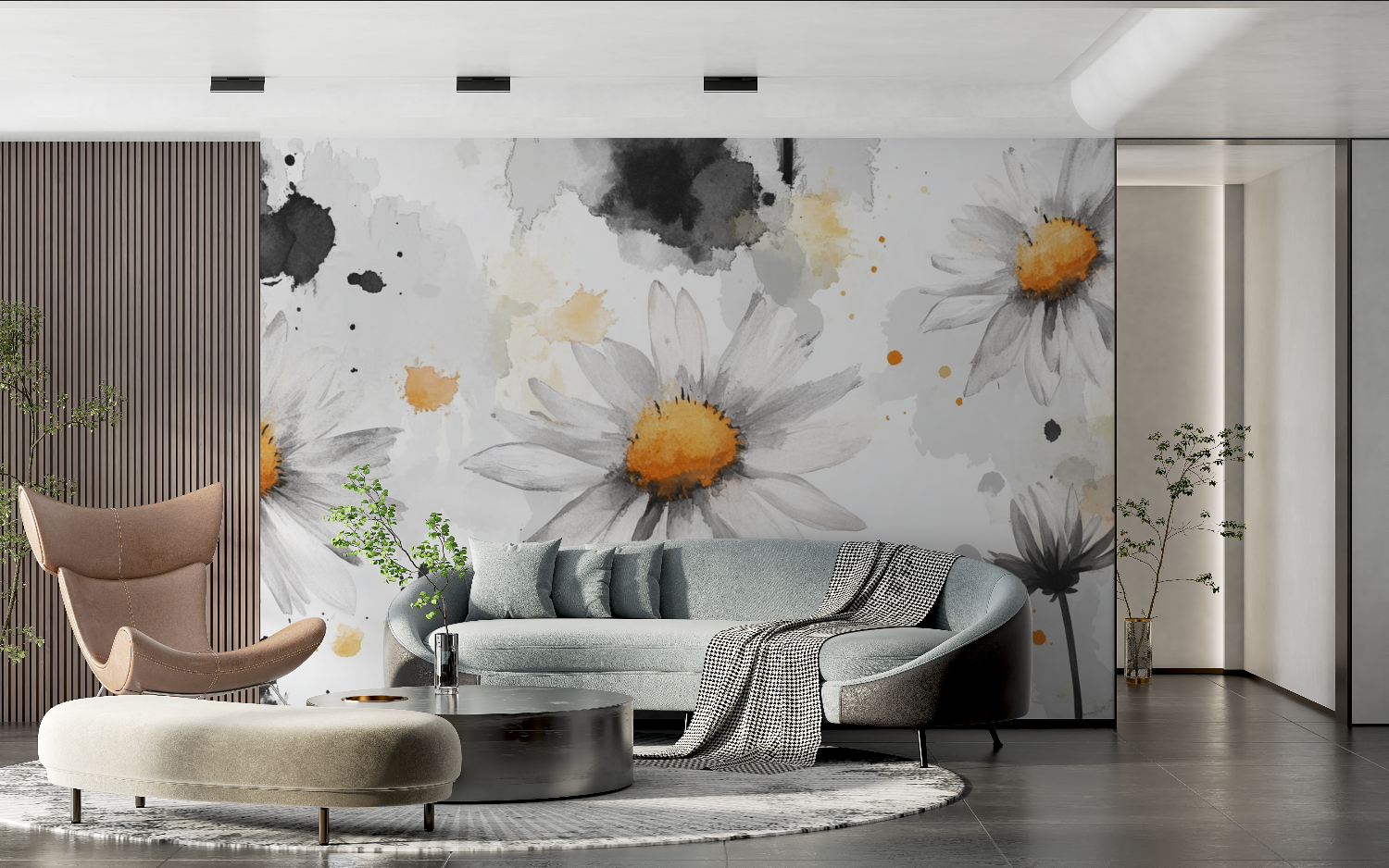 Papier peint aquarelle marguerites esquissees tendance 2024