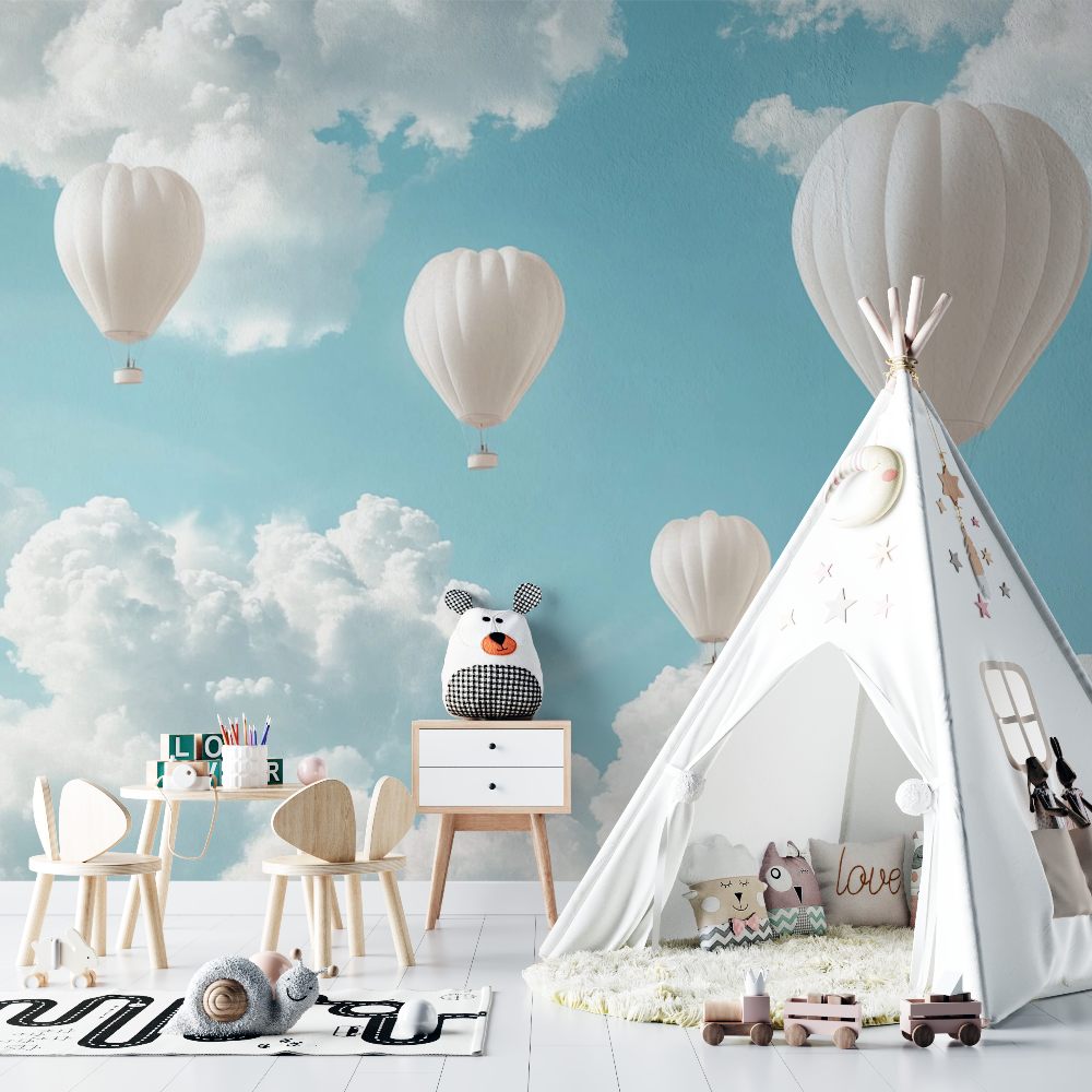 Papier peint montgolfiere et nuages dores chambre bebe