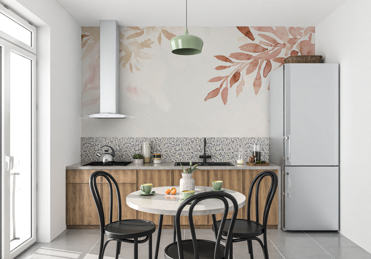 Papier peint aquarelle teintes naturelles mur cuisine