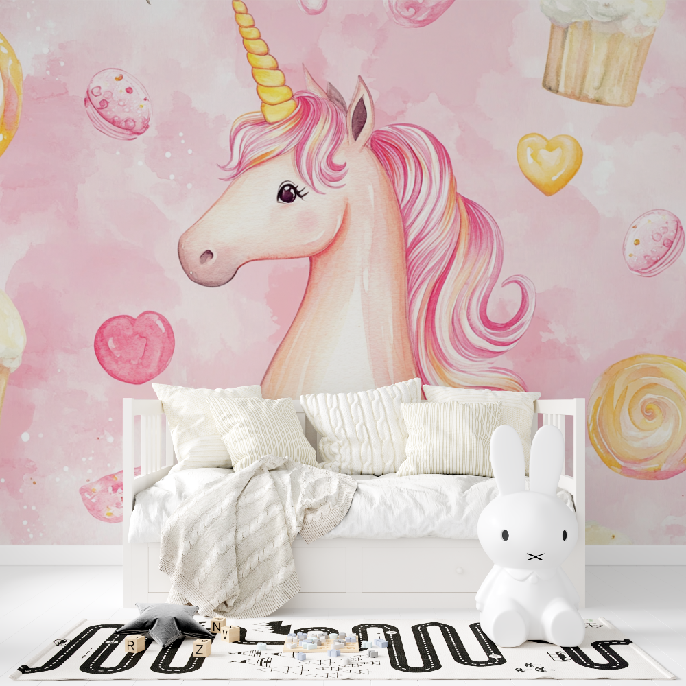 Papier peint deco licorne chamb...sucreries tapisserie fille