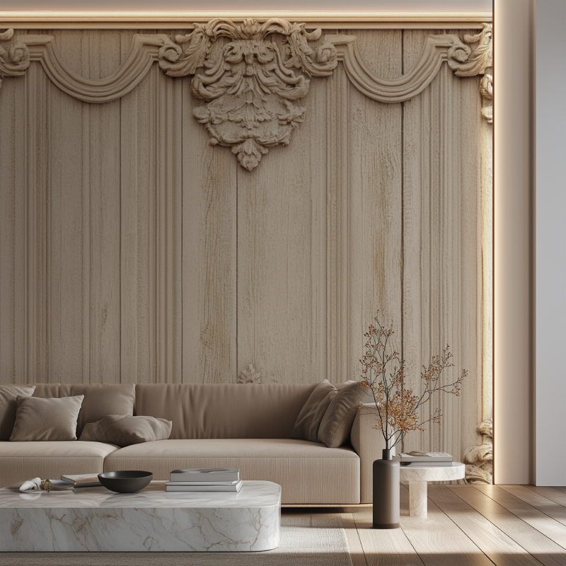 Papier peint trompe l oeil boiserie canape neon