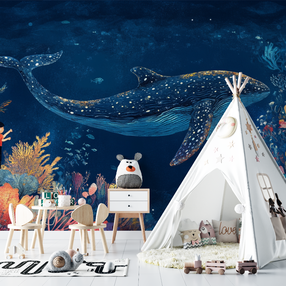 Papier peint baleine et tresor chambre bebe