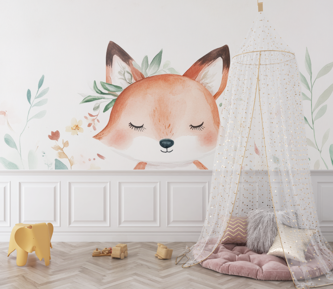 Papier peint renard boheme fond blanc bebe