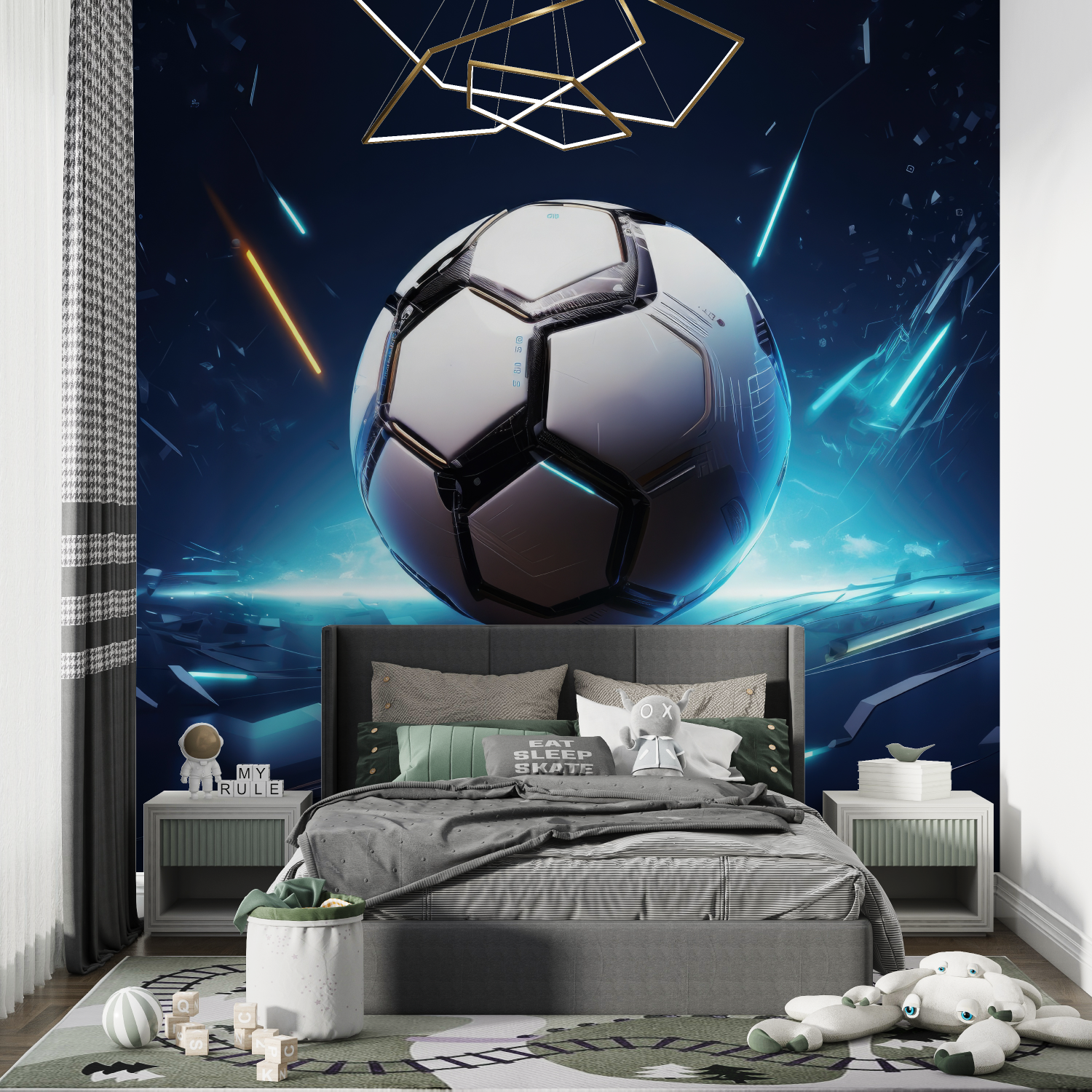 Papier peint 3d ballon foot bleu chambre de garcon
